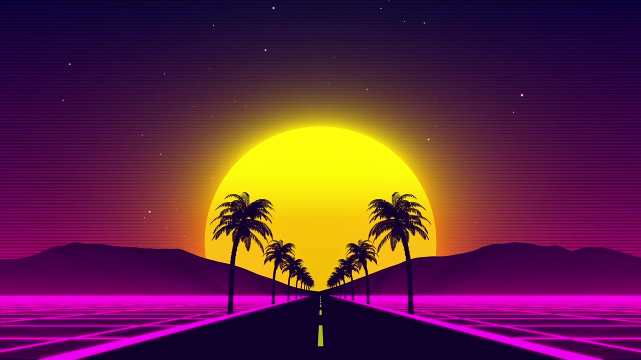 Paesaggio Synthwave Retrò con Palme e Strada a Griglia Neon al Tramonto