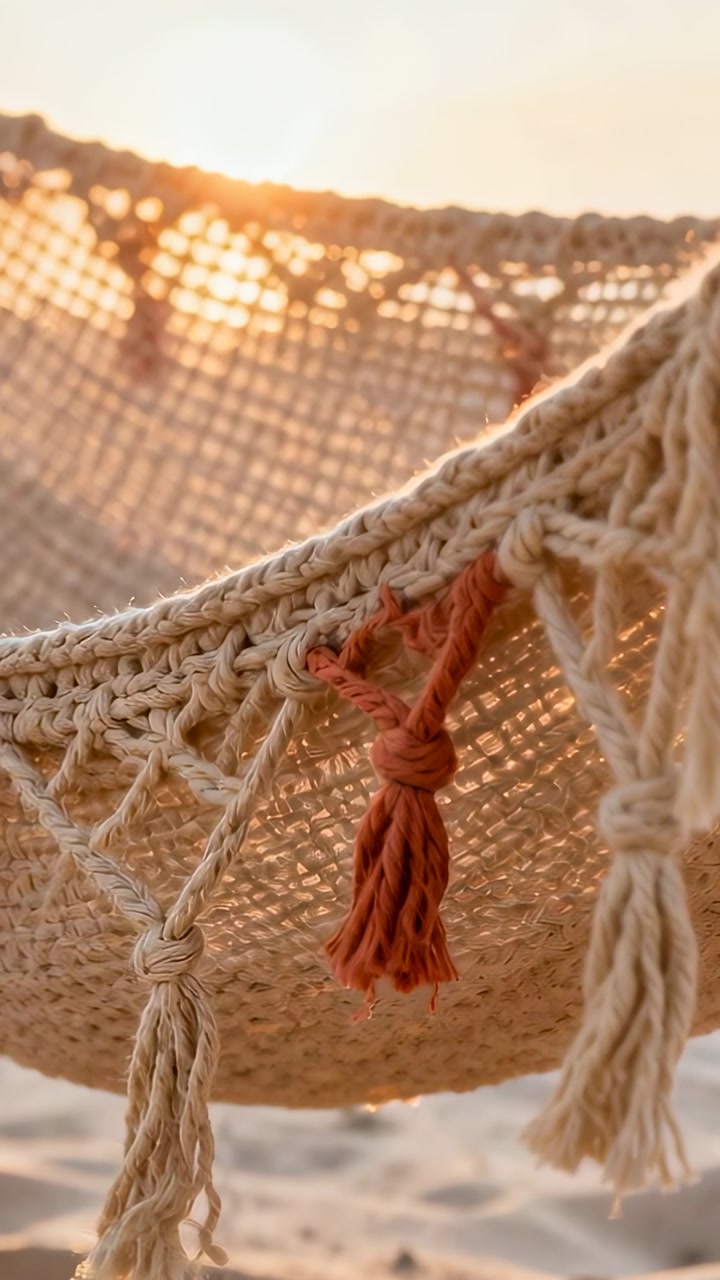 Vertical video: Camera zooming macrame fringe at beach, moving to rust tassel swinging in sunlight