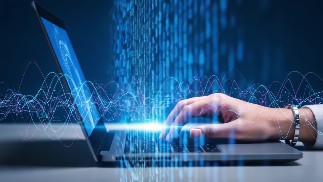 Exploring the Digital Realm: A Close-up of Hands Typing on a Laptop Surrounded by Streams of Data and Waves of Light Representing Technology and Innovation