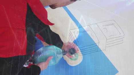 animación de gráficos y billetes de dólar sobre hombre caucásico usando máscara de válvula de bolsa en maniquí de rcp.