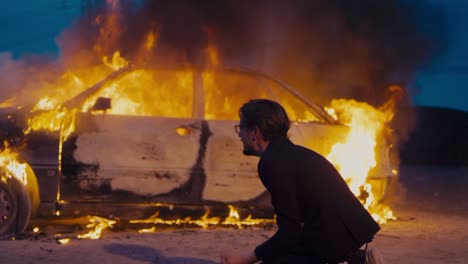 el hombre está enojado, arrodillado y gritando por el coche quemado.