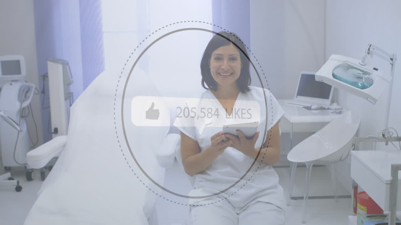 animación de "me gusta" creciente número de mujeres dentistas biraciales que usan tableta