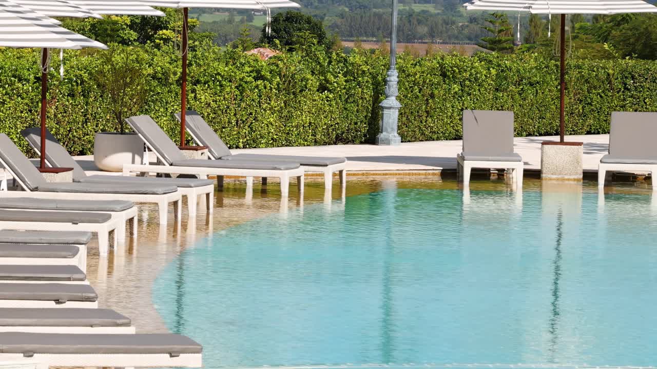 A bird gracefully flies over a serene pool surrounded by sun loungers and lush greenery.