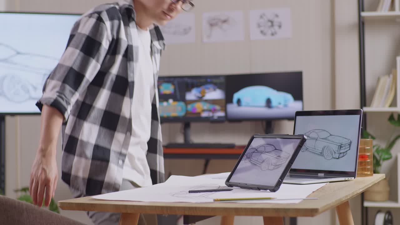 아시안 남성이 앉아서 3d 전기 자동차 모델을 표시하는 tv와 컴퓨터를 가진 스튜디오에서 태블릿에 새로운 자동차 디자인 컨셉을 그립니다.