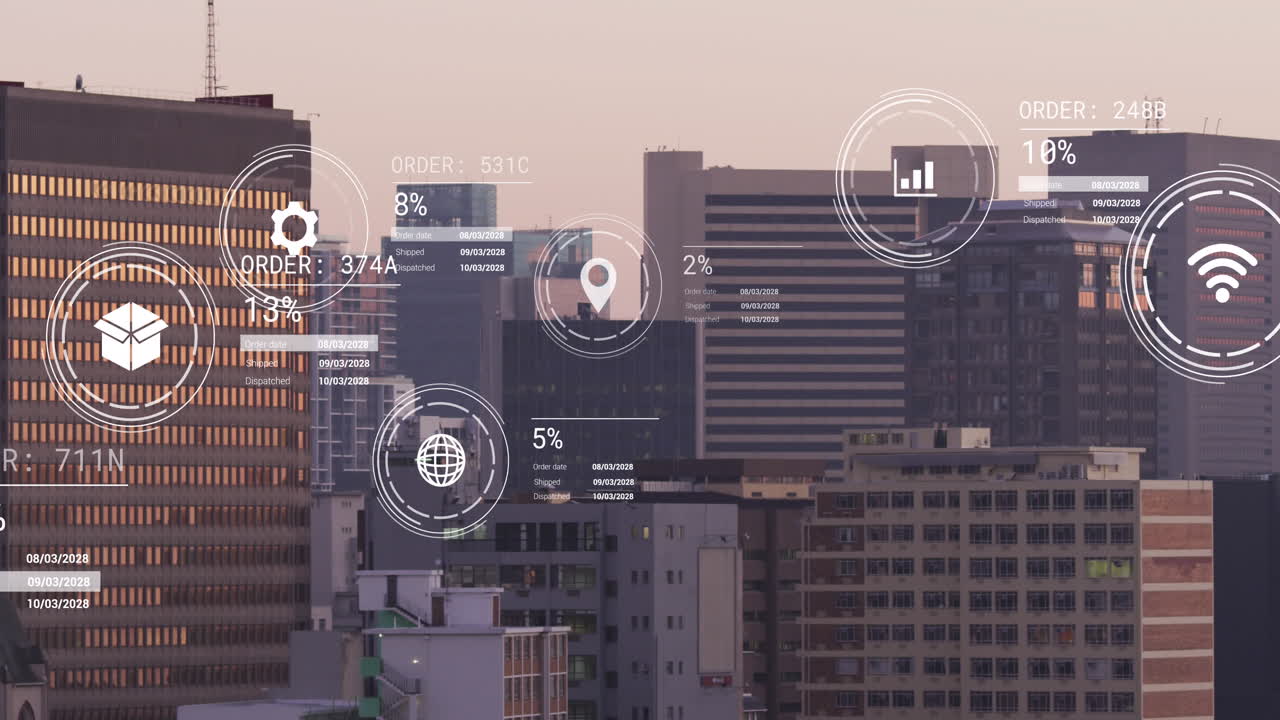 도시 풍경 위의 데이터 처리와 함께 아이콘의 애니메이션