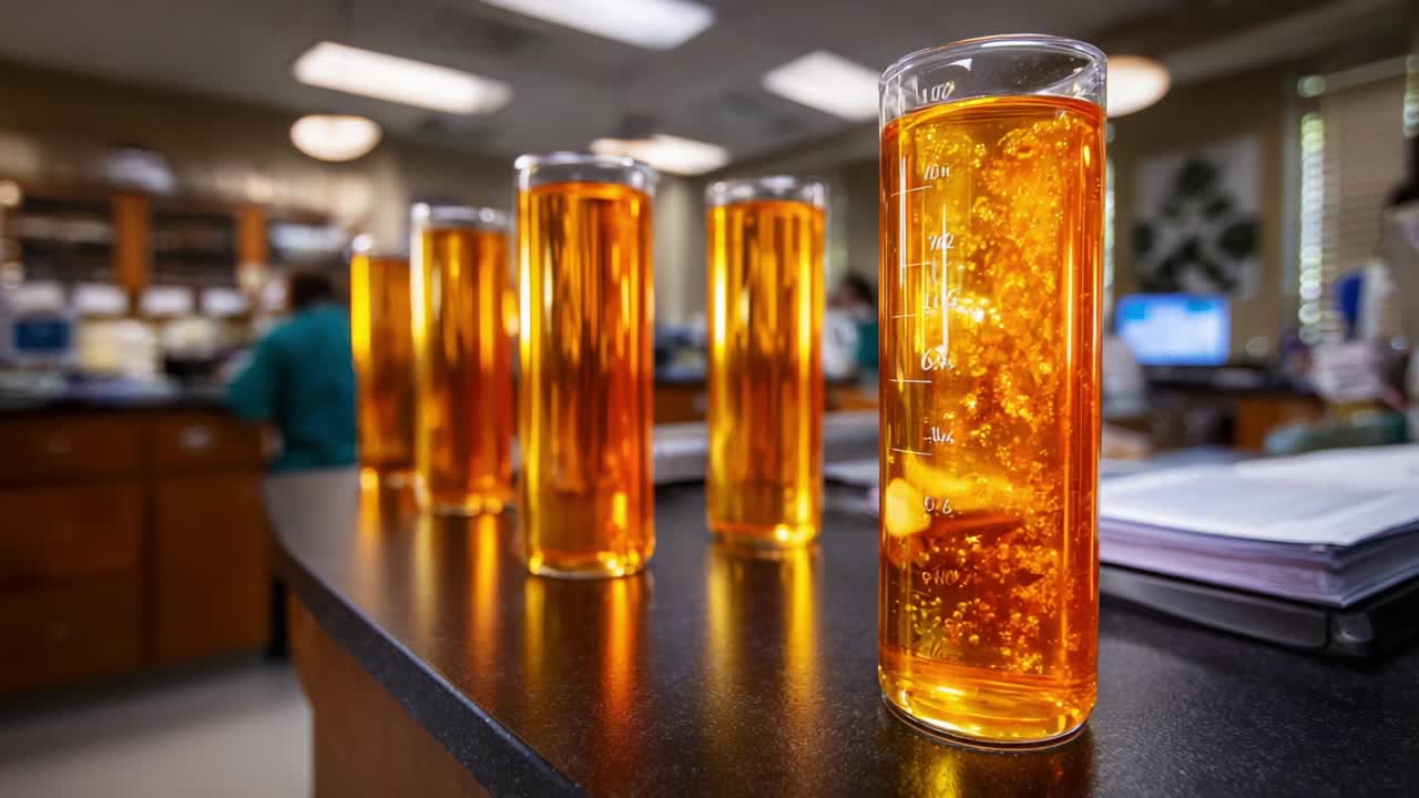 A Close-Up View of Measuring Cylinders Filled with Amber Liquid in a Lab Environment, Showcasing the Viscosity and Color Gradients of the Substance Under Ambient Light Conditions
