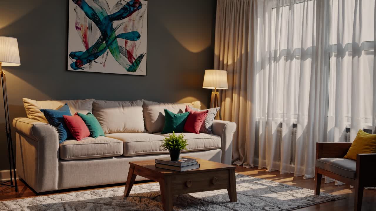 Cozy living room with modern decor, shot from a low angle