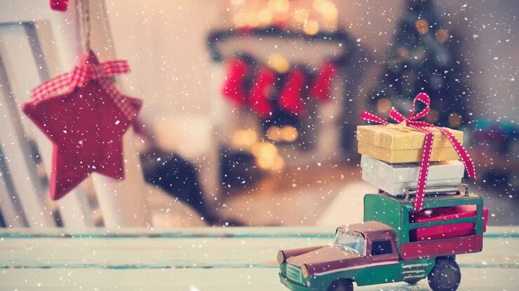 Falling snow with Christmas gifts decoration