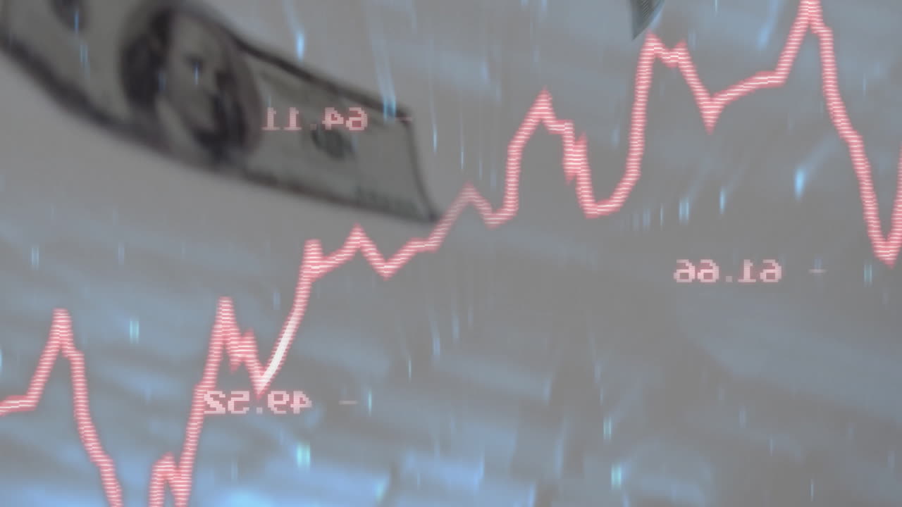 Rising stock market graph animation over blurred dollar bill background