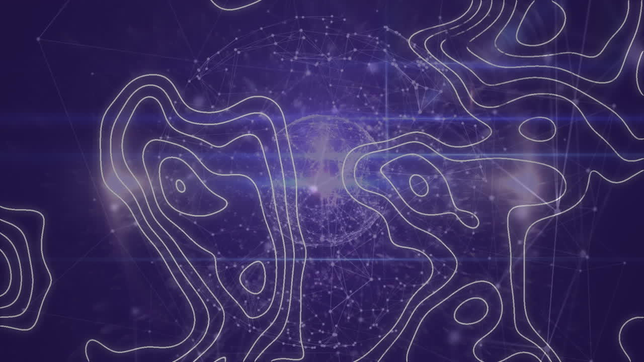 Animation of networks of connections over line map on purple background