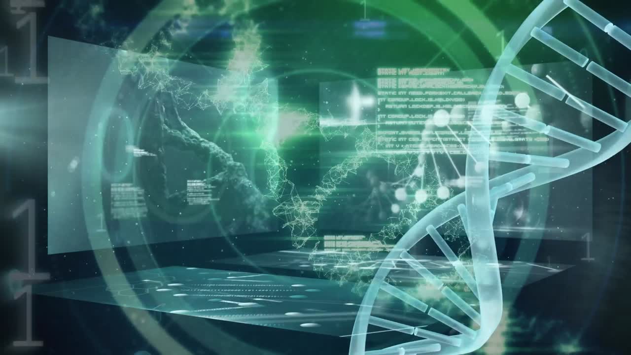 animación de código binario y datos diversos sobre cadena de adn en fondo verde con pantallas