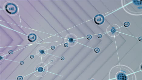 Animation-Eines-Netzwerks-Aus-Geschäfts--Und-Kommunikationssymbolen,-Die-Daten-über-Graue-Chevron-Linien-übertragen