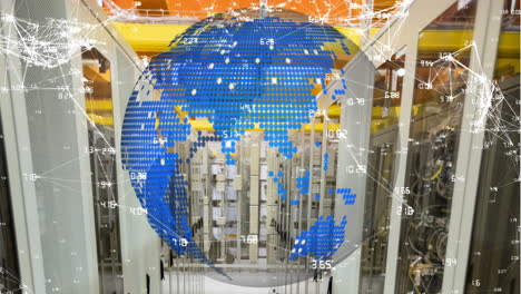 digital earth globe rotating against a server room with data