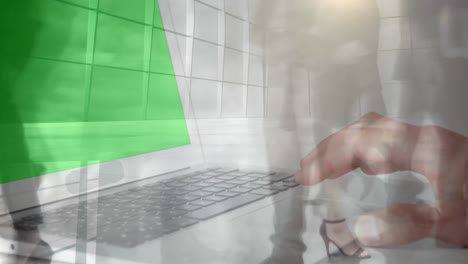 Animation-of-businesswoman-using-laptop-with-green-screen-over-fast-speed-business-commuters-walking