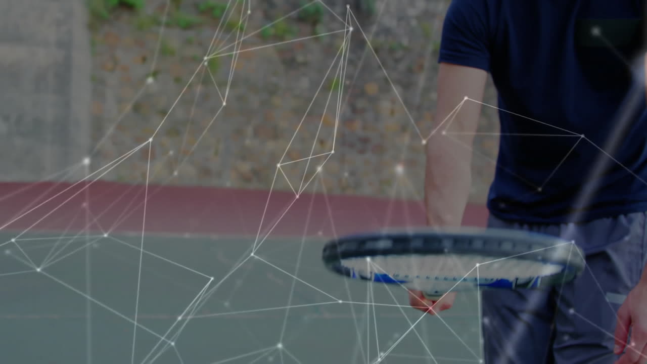 man gripping racket on court, overlay showing glowing nodes connecting lines for sports analytics