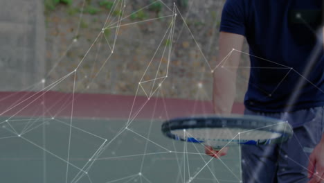 man gripping racket on court, overlay showing glowing nodes connecting lines for sports analytics