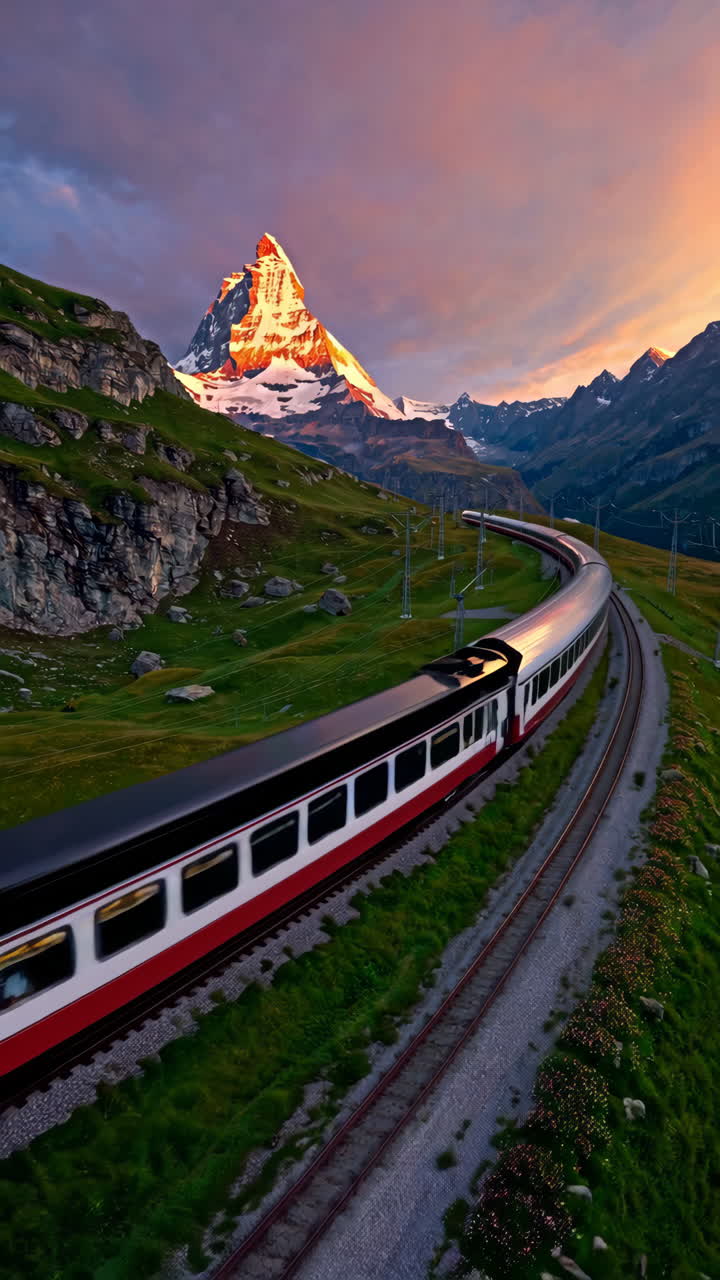 Scenic Train Ride Through the Swiss Alps at Sunrise/Sunset