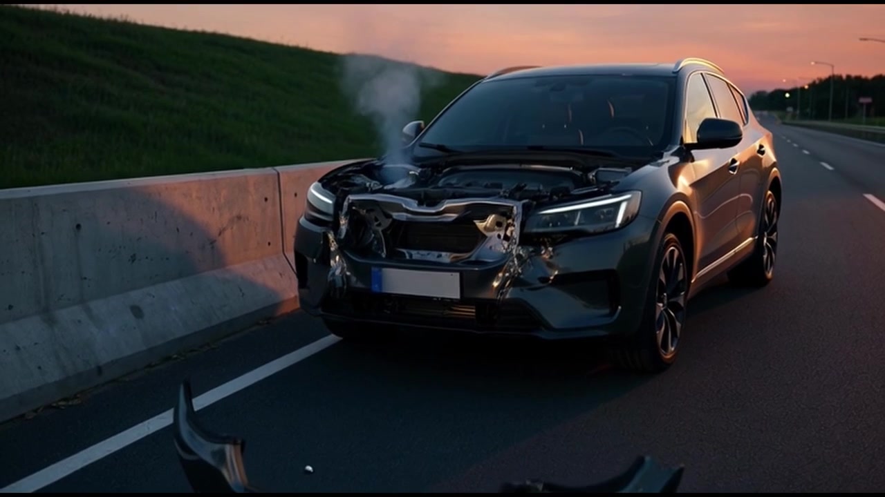 Auto danneggiata con paraurti staccato che fuma sulla corsia di emergenza dell'autostrada