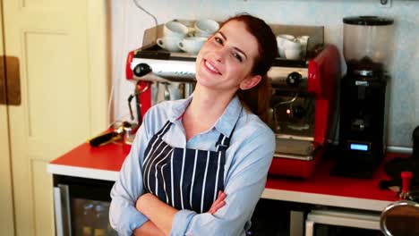 portrait of smiling waitress standing with arms crossed at counter