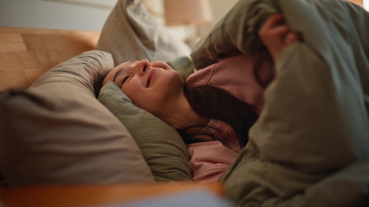 Closeup lady waking up in bed reaching smartphone checking time. Sleepy brunette
