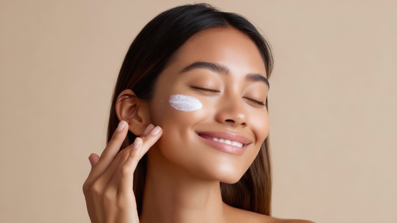 A Radiant Woman Smiling While Applying Cream on Her Face, Emphasizing Skincare Routine and the Importance of Self-Care and Beauty in Everyday Life