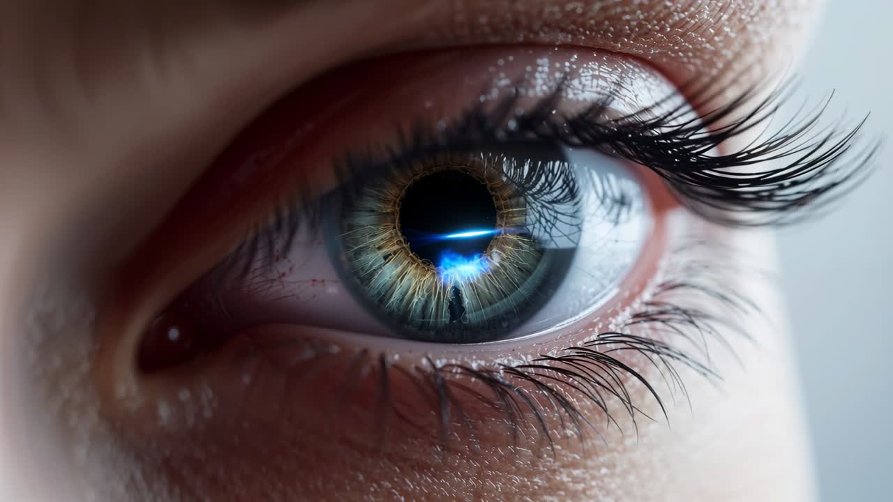 Un sottile raggio blu che scansiona un occhio umano in uno studio, rivelando gli anelli dell'iride e il film lacrimale.