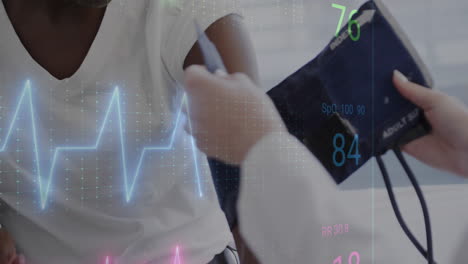 Animation-of-heart-rate-monitor-over-mid-section-of-female-doctor-checking-blood-pressure-of-patient