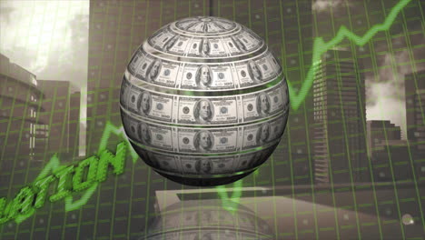 rotating globe made of dollar bills with green stock market graph animation