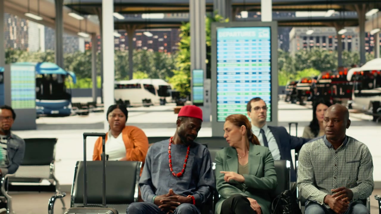 Kerumunan multikultural yang sibuk bergegas melalui terminal bus internasional.