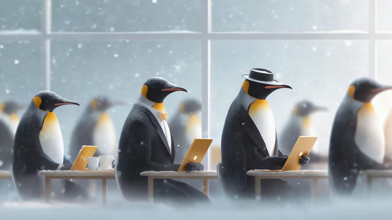 A whimsical assembly of penguins dressed in formal attire working diligently on laptops amidst a snowy backdrop, capturing the joyous contrast between nature and technology
