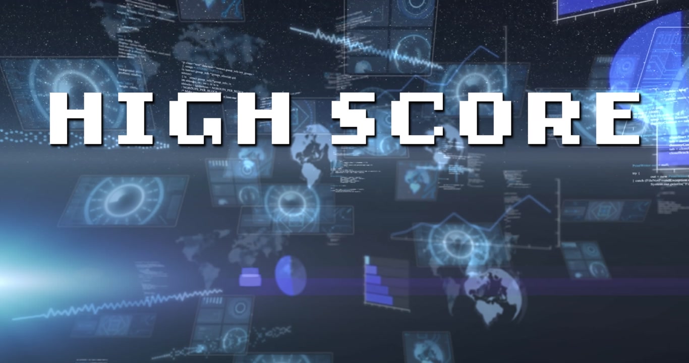 Animation of high score over data processing on dark background