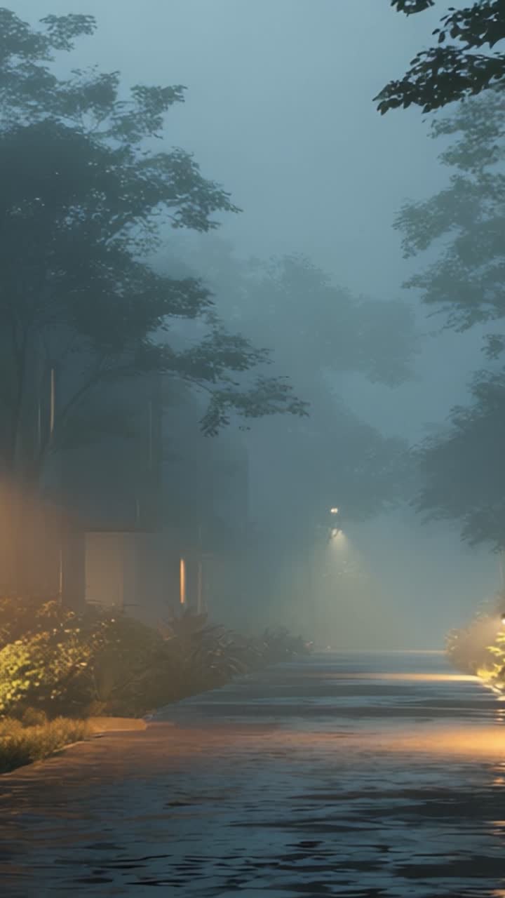 Un sereno sentiero nebbioso illuminato da luci soffuse, con una folta vegetazione e un'atmosfera tranquilla nelle prime ore dell'alba.