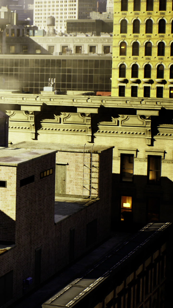 City rooftops with sunlight shining in morning hours on urban buildings