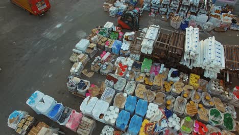 aerial view of warehouse storage. aerial view from drone of warehouse of building materials