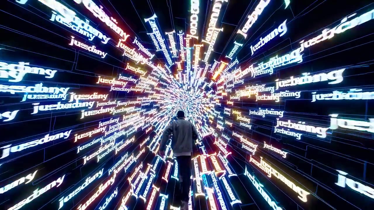 Person Walking Through a Futuristic Digital Tunnel of Glowing Text