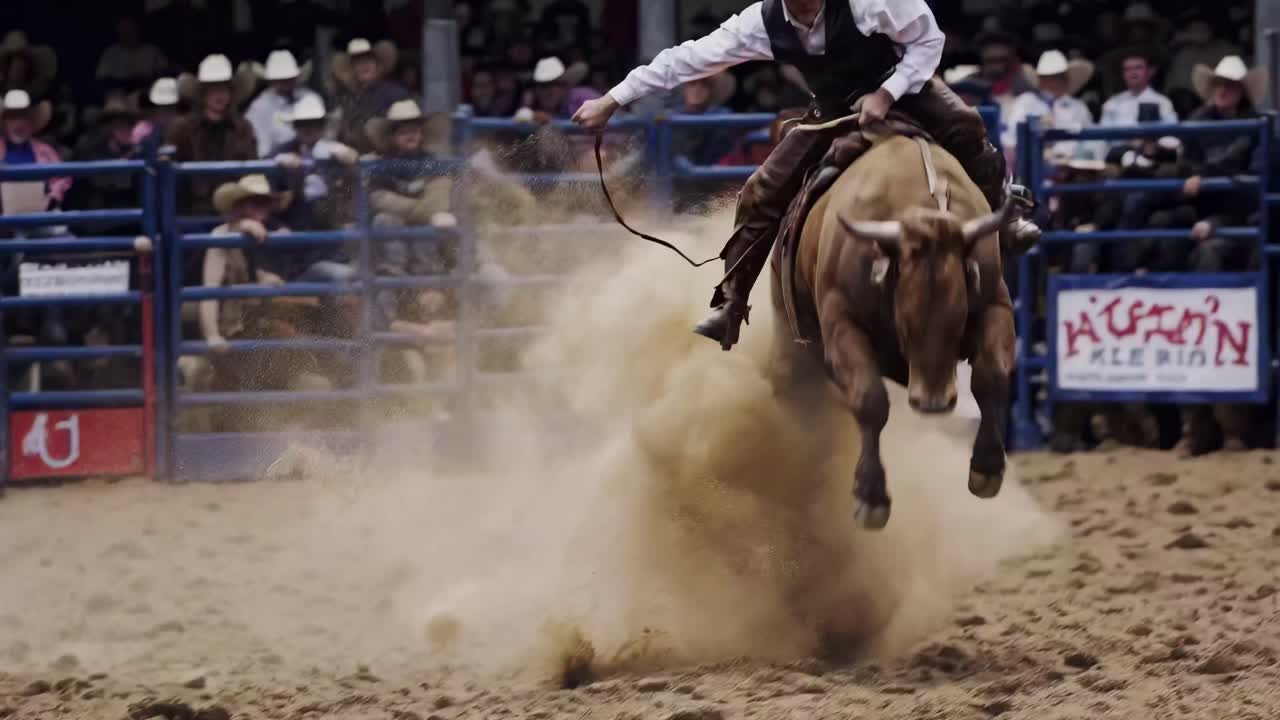 Vidéo dynamique en contre-plongée capturant un cow-boy de rodéo sur un taureau, mettant l’accent sur le mouvement et l’énergie