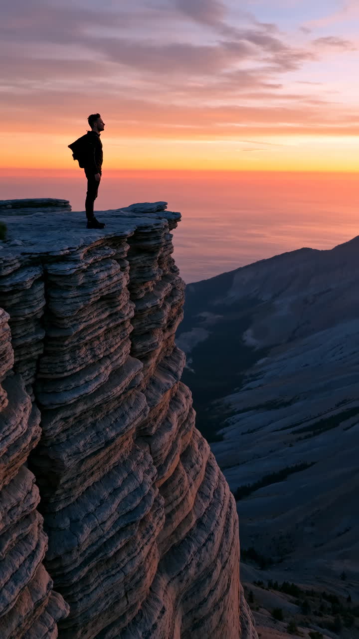 Person standing on a cliff edge overlooking mountains at sunset