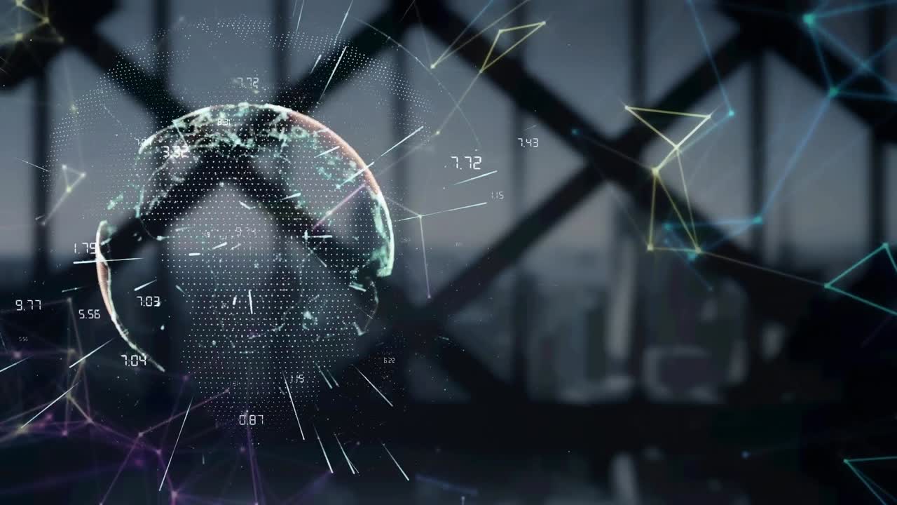 도시 풍경 위의 지구와 연결된 네트워크의 애니메이션