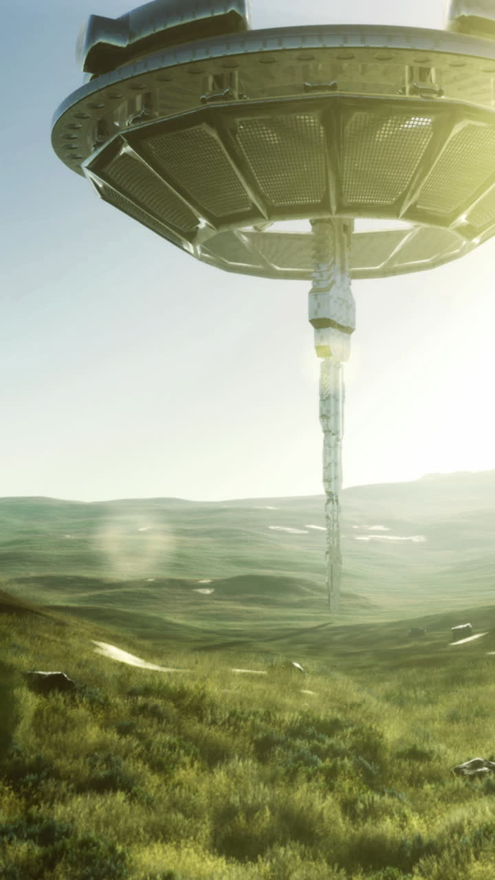 Mystisk romskip fra en annen planet svever over et fredfullt landskap under den gylne timen