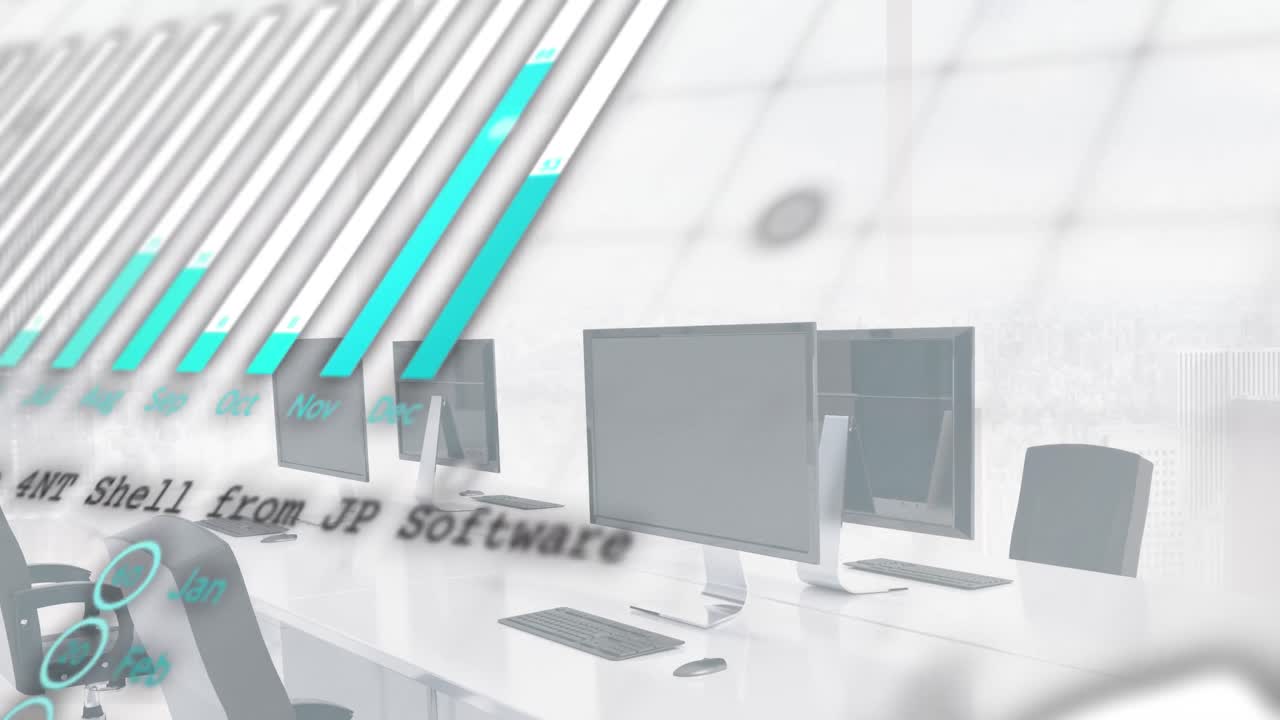 컴퓨터로 비어있는 사무실에서 금융 데이터 처리의 애니메이션