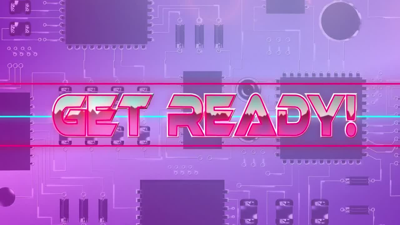 Animation of get ready in pink metallic letters over computer circuit board on pink background