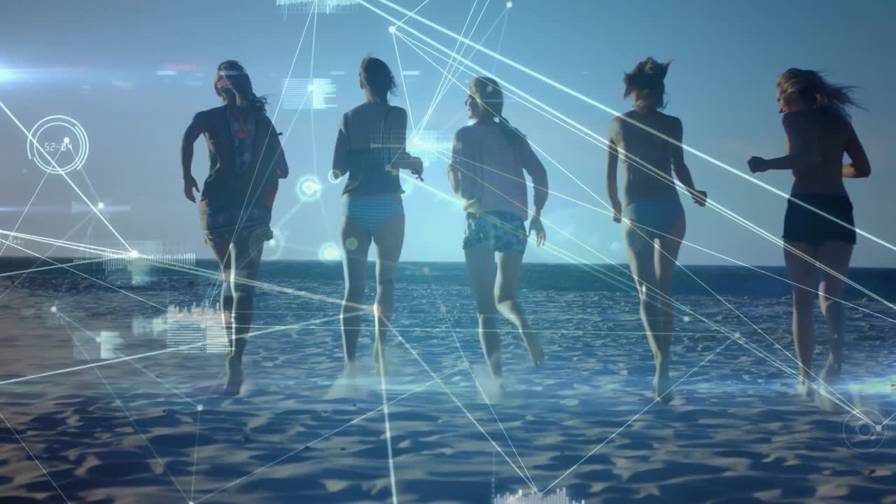 Five women stepping onto shore, jogging across wet sand tracking fitness metrics with data overlays
