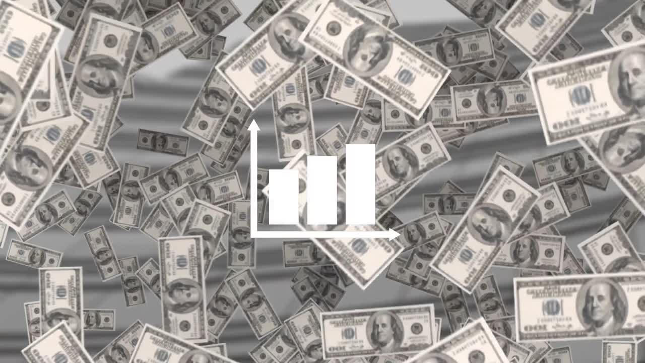 animación de billetes de dólares estadounidenses flotando sobre las estadísticas