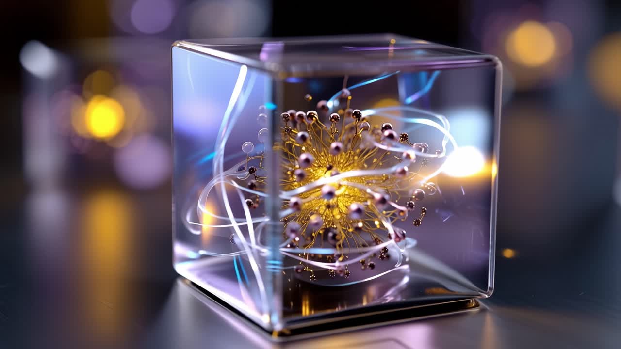 Abstract gloeiende moleculaire structuur draaiend in een glazen kubus