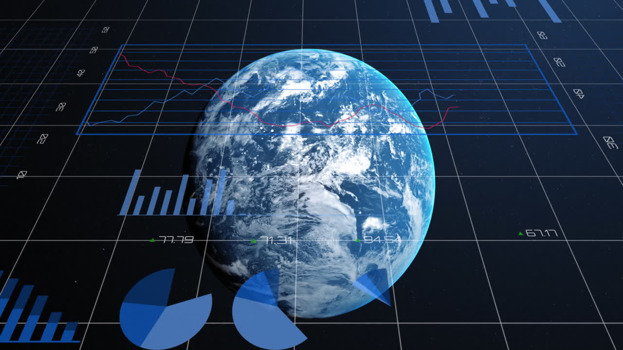 Animation of statistical data processing over globe against blue background