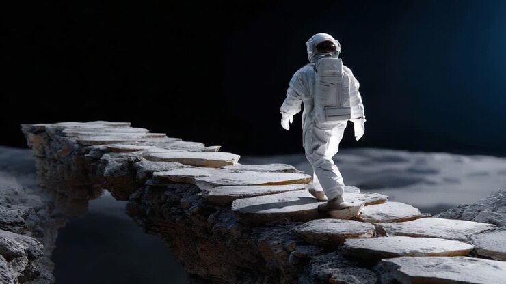 An astronaut cautiously traverses a precarious stone pathway on the moon’s surface, showcasing the challenges of exploration in unknown and distant terrains
