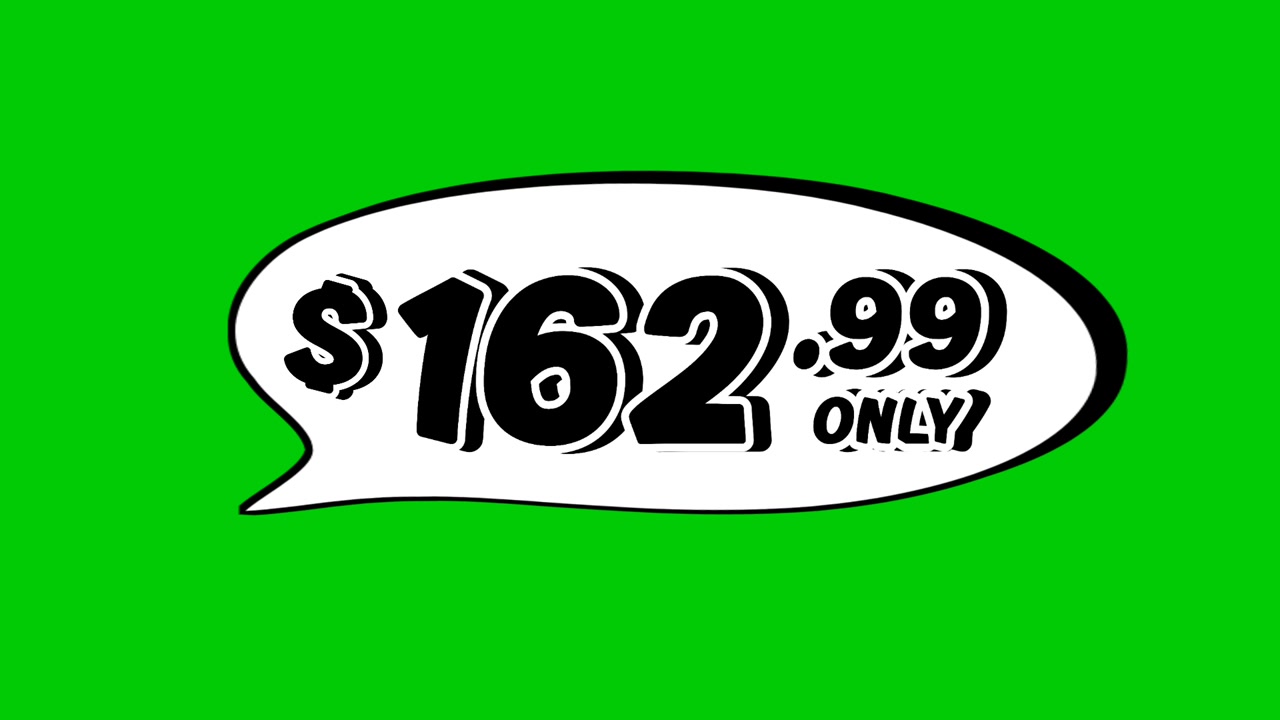 Prezzo di 162,99 $ in un fumetto animato in grafica in movimento su sfondo verde. Perfetto per pubblicità, e-commerce, vendita al dettaglio, sconti e video promozionali relativi al business.