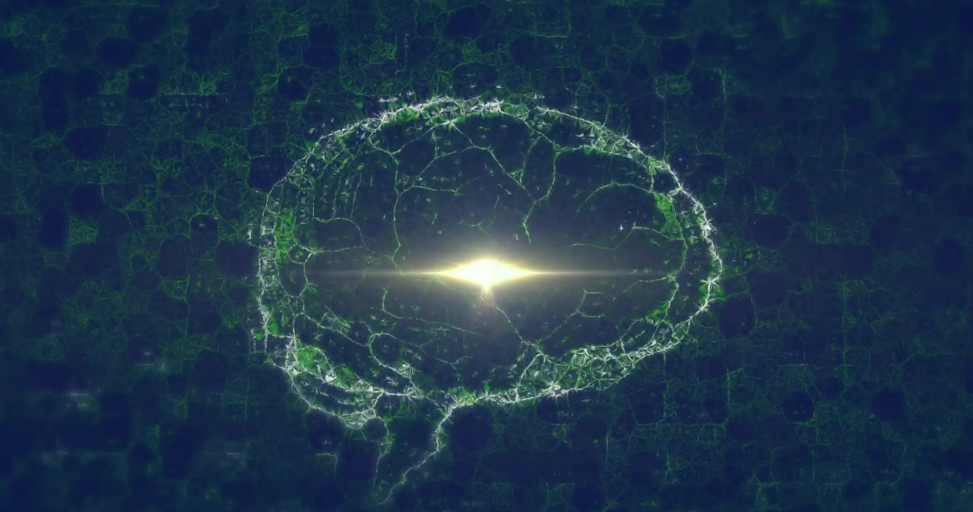 Animazione di scie luminose su un cervello digitale e forme su sfondo nero.
