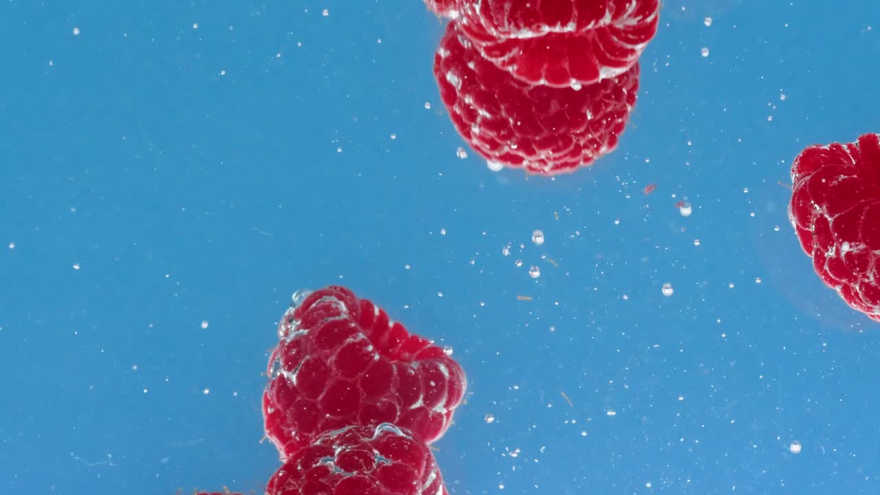 라즈베리는 거품이있는 물에 여 있습니다.