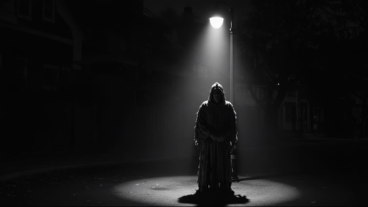 A haunting figure cloaked in shadows stands illuminated under a streetlight, embodying an eerie atmosphere that sparks curiosity and evokes a sense of mystery and intrigue
